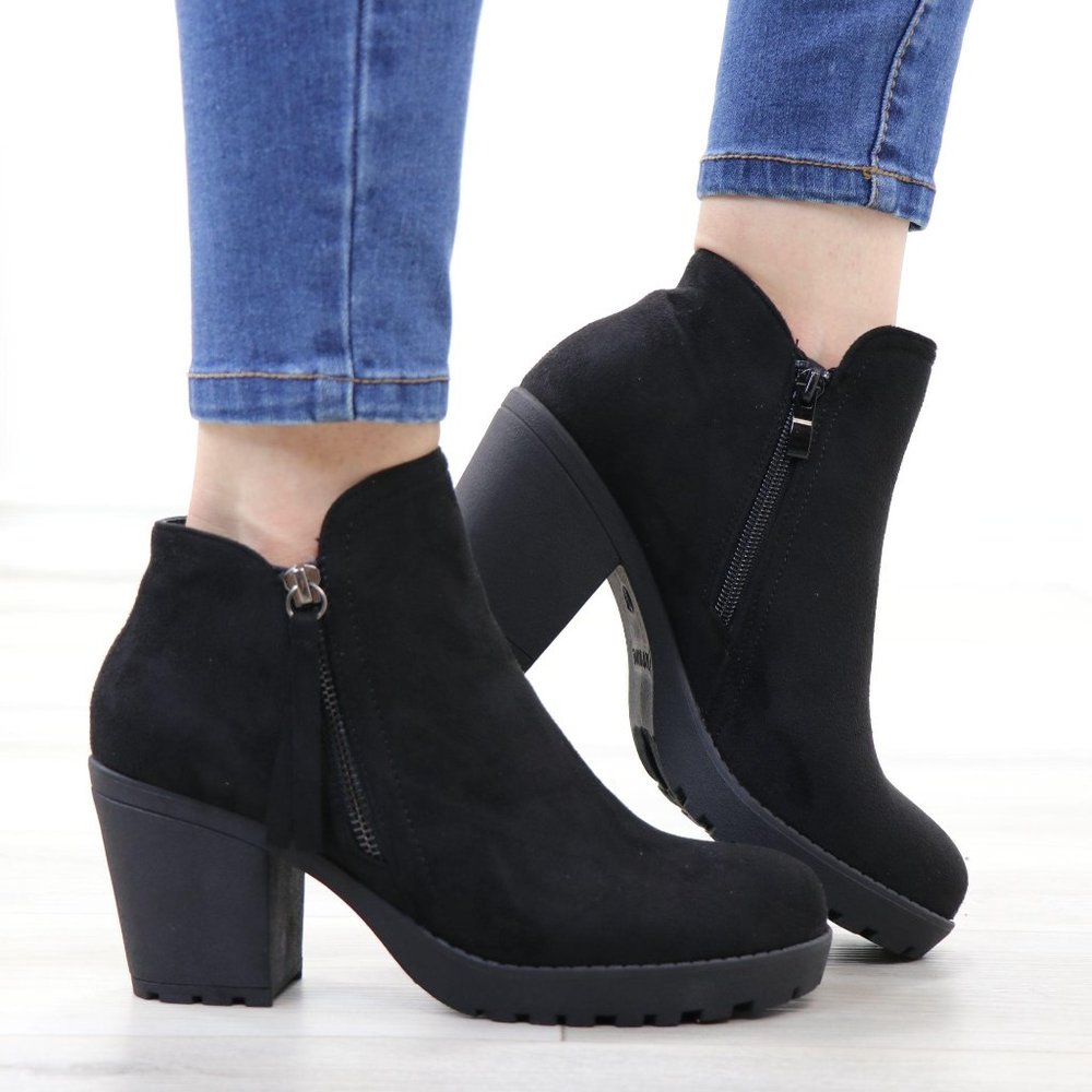 Black Suede Lug Chunky Heel Ankle Boots - Picture 8 of 16